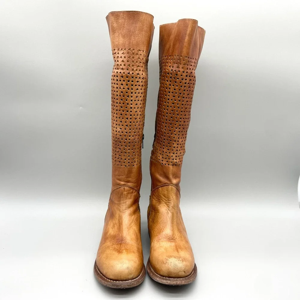 Bed Stu Cambridge Boots Womens 6.5 Tan Distressed Leather Perforated Tall Boho